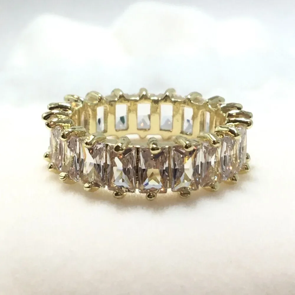 Yellow Gold Plated Eternity Ring Size 6.5 Wide Band Cubic Zirconia Baguettes